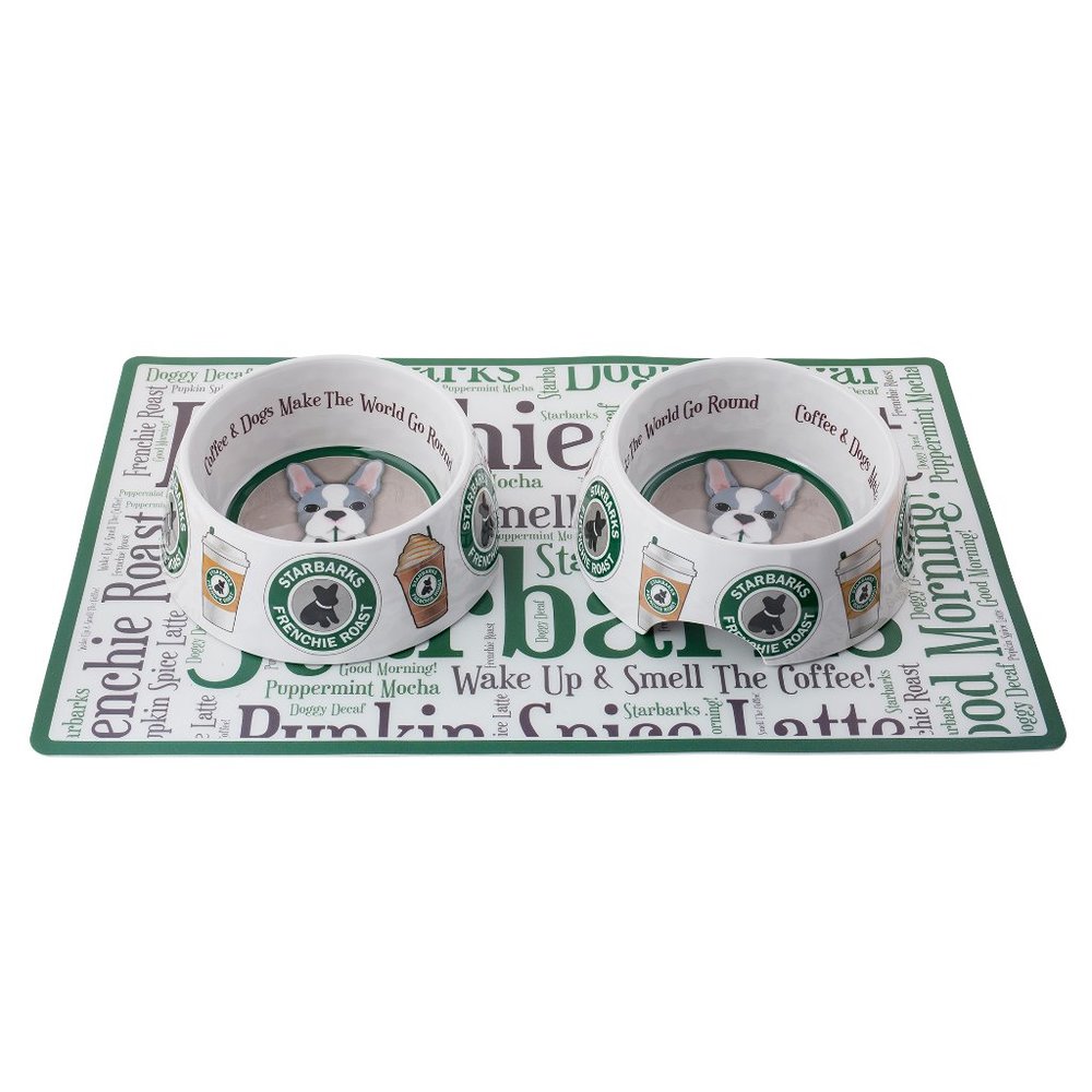 Starbarks Frenchie Roast Dog bowls and placemat